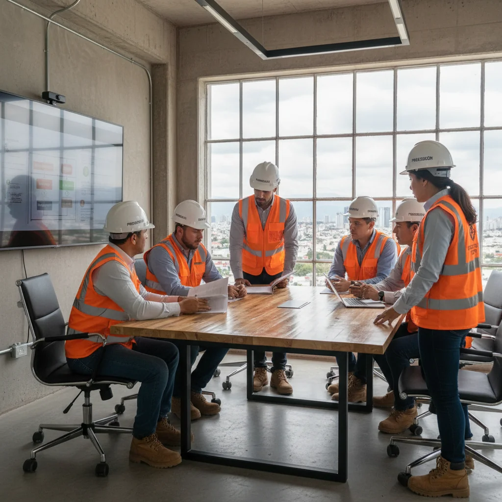 A photorealistic image of a diverse group of adult Mexican workers in a modern industrial workplace, wearing safety helmets and protective gear, collaborating on reviewing safety protocols on a large digital screen, symbolizing workplace safety compliance in Mexican companies. The scene conveys professionalism, teamwork, and adherence to legal safety standards, with no children present.