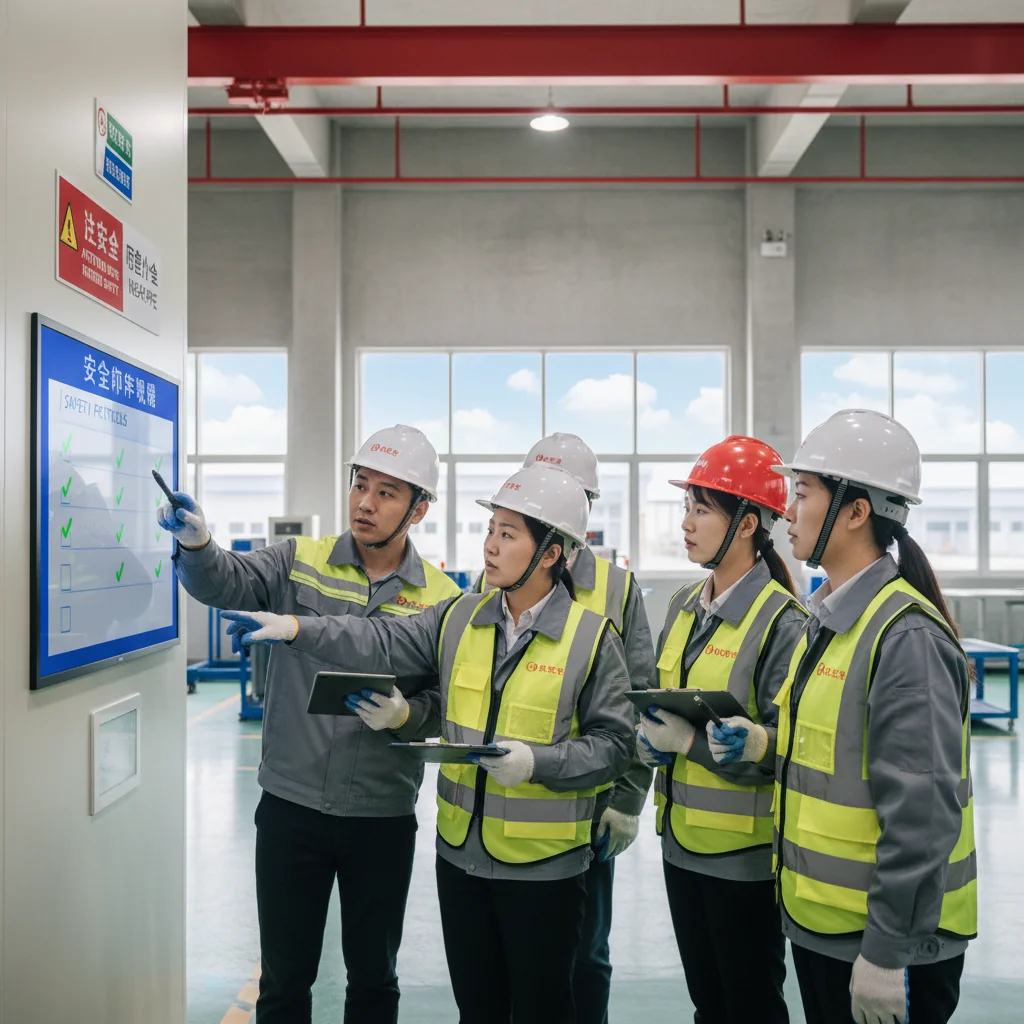 A photorealistic image representing health and safety in a Chinese workplace, showing diverse adult professionals in a modern office or factory setting in China, engaging in safe practices like wearing protective gear, conducting safety checks, or participating in a training session, with Chinese cultural elements in the background such as traditional architecture or signage, emphasizing effectiveness and professionalism, no children present.