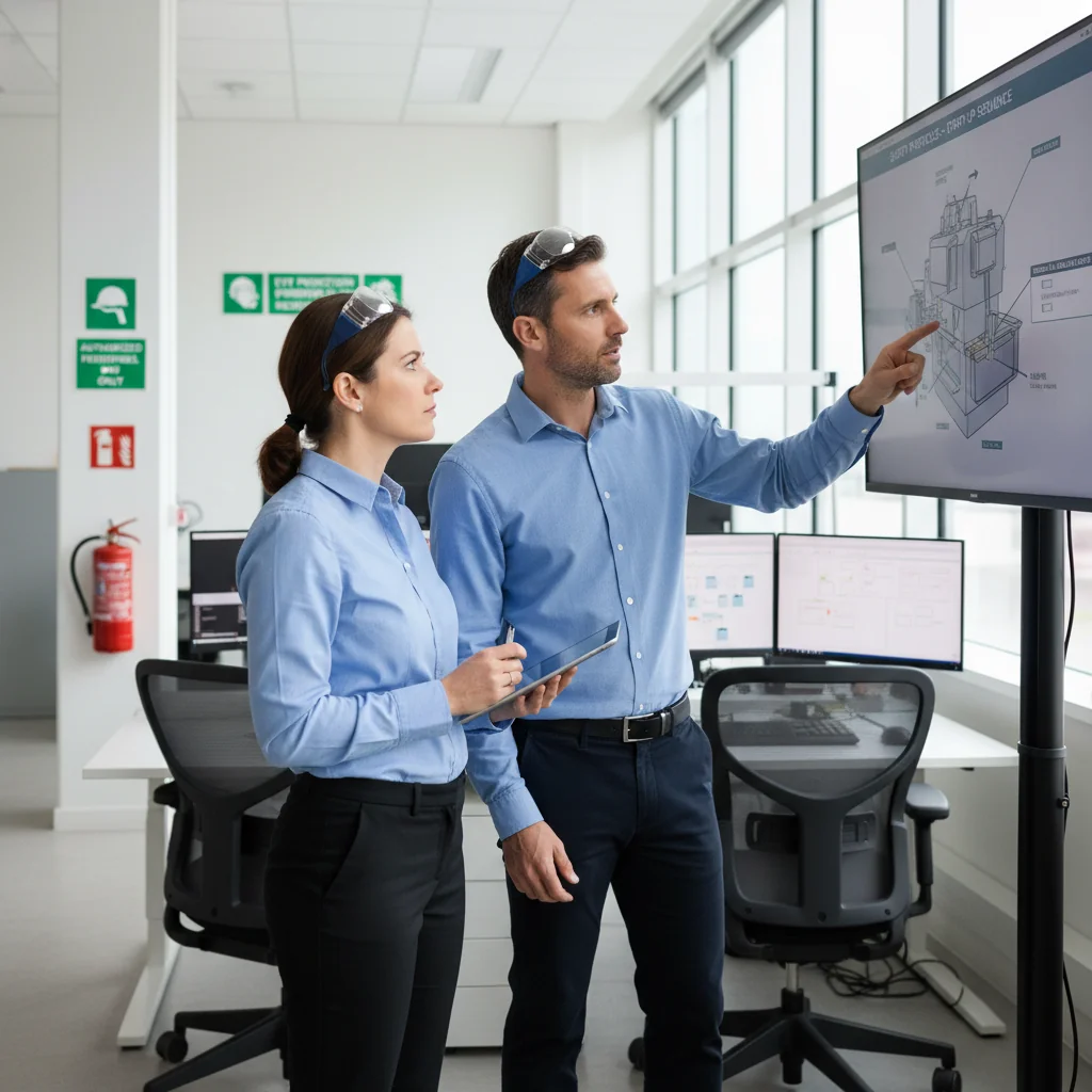 A photorealistic image depicting a professional business setting where an adult employee is being guided by a supervisor in a safe and organized workplace environment, symbolizing the implementation of operational instructions and procedures, with modern office or industrial elements in the background, no children present.