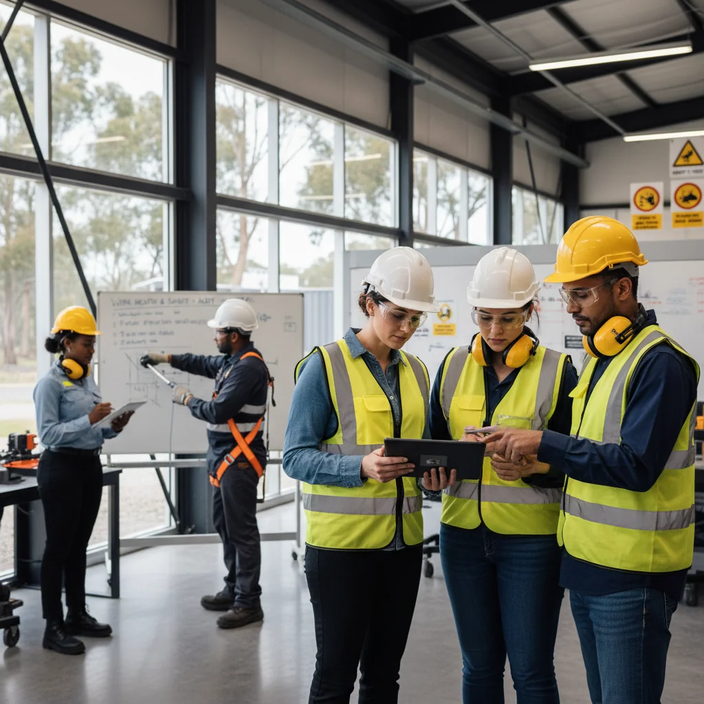 A photorealistic image depicting a diverse group of adult professionals in a modern Australian workplace, engaging in safe work practices such as wearing protective gear, conducting a safety meeting, or inspecting equipment, symbolizing health and safety in the work environment.