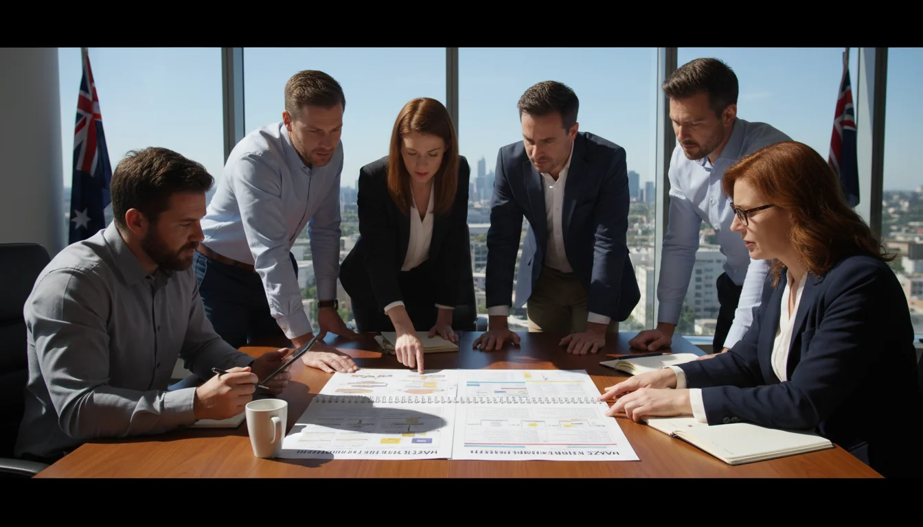 Workers reviewing safety manual.