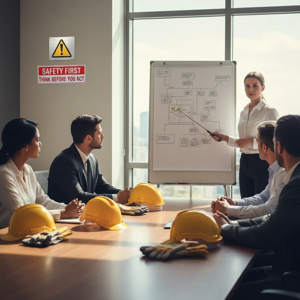 A photorealistic image of a diverse group of adult professionals in a modern workplace, attentively participating in a safety training session led by an instructor, emphasizing workplace safety and protection with subtle elements like safety helmets on a table and safety posters on the wall, conveying the importance of occupational health instructions.