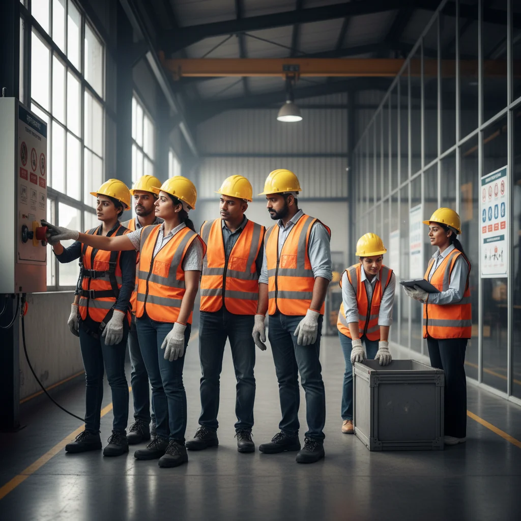 A photorealistic image depicting a diverse group of adult Indian workers in a modern workplace, wearing safety gear such as helmets, gloves, and vests, engaged in a safety training session or reviewing health protocols, symbolizing compliance with Indian health and safety laws. The scene is professional and inclusive, focusing on workplace safety and well-being without any documents visible.