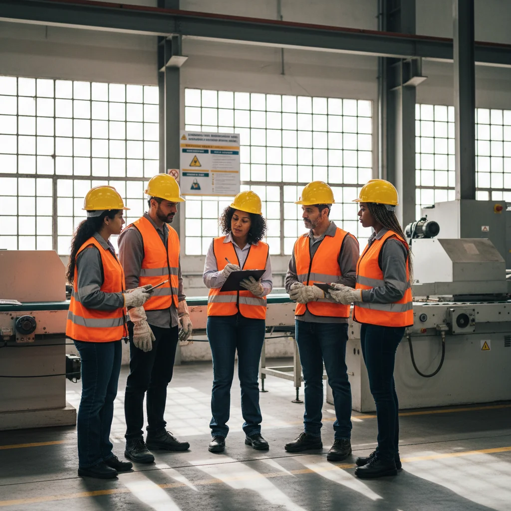 A photorealistic image of a diverse group of adult professionals in a Brazilian workplace, wearing safety gear like helmets and vests, collaborating on a safety inspection or training session, emphasizing occupational safety and health standards, with industrial or office background elements symbolizing regulatory compliance.
