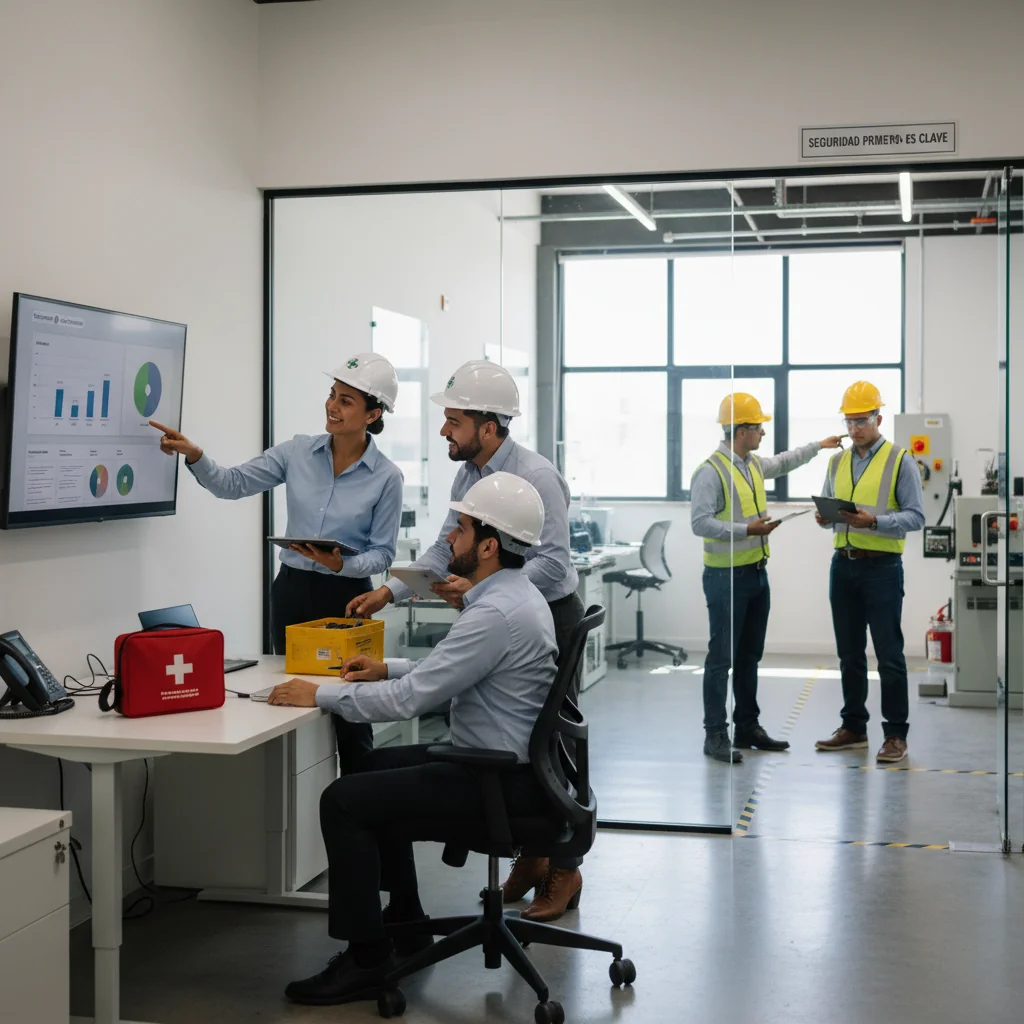 A photorealistic image depicting a diverse group of adult professionals in a modern Mexican workplace, engaged in occupational health and safety activities such as wearing protective gear, conducting a safety inspection, or participating in a training session, emphasizing a safe and healthy work environment.
