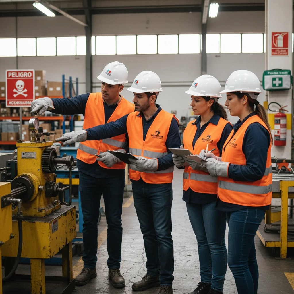 A photorealistic hero image depicting diverse adult professionals in a safe Argentine workplace, engaging in occupational health and safety practices such as wearing protective gear, conducting safety checks, and collaborating in a modern office or industrial setting, evoking themes of health, safety, and occupational well-being without focusing on any documents.