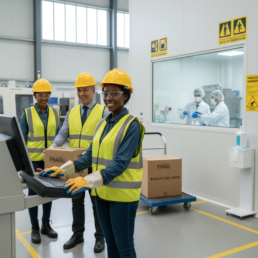 A photorealistic image depicting a diverse group of adult professionals in a modern Portuguese workplace, such as an office or factory, engaged in safe and healthy work practices. Show workers wearing appropriate safety gear like helmets, gloves, and high-visibility vests, collaborating around a workstation with ergonomic setups, clear signage for health and safety protocols, and a bright, well-lit environment emphasizing compliance and well-being. No children are present in the image. The style is strictly photorealistic, resembling a high-resolution photograph, with no graphics, illustrations, or drawings.