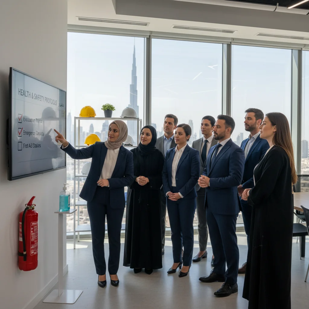 A photorealistic image depicting a diverse group of adult professionals in a modern UAE office environment, engaged in a collaborative health and safety meeting. They are reviewing safety protocols on a whiteboard, with elements like safety helmets, first aid kits, and ergonomic workstations visible in the background, emphasizing workplace well-being and compliance in an Emirati corporate setting. No children are present.