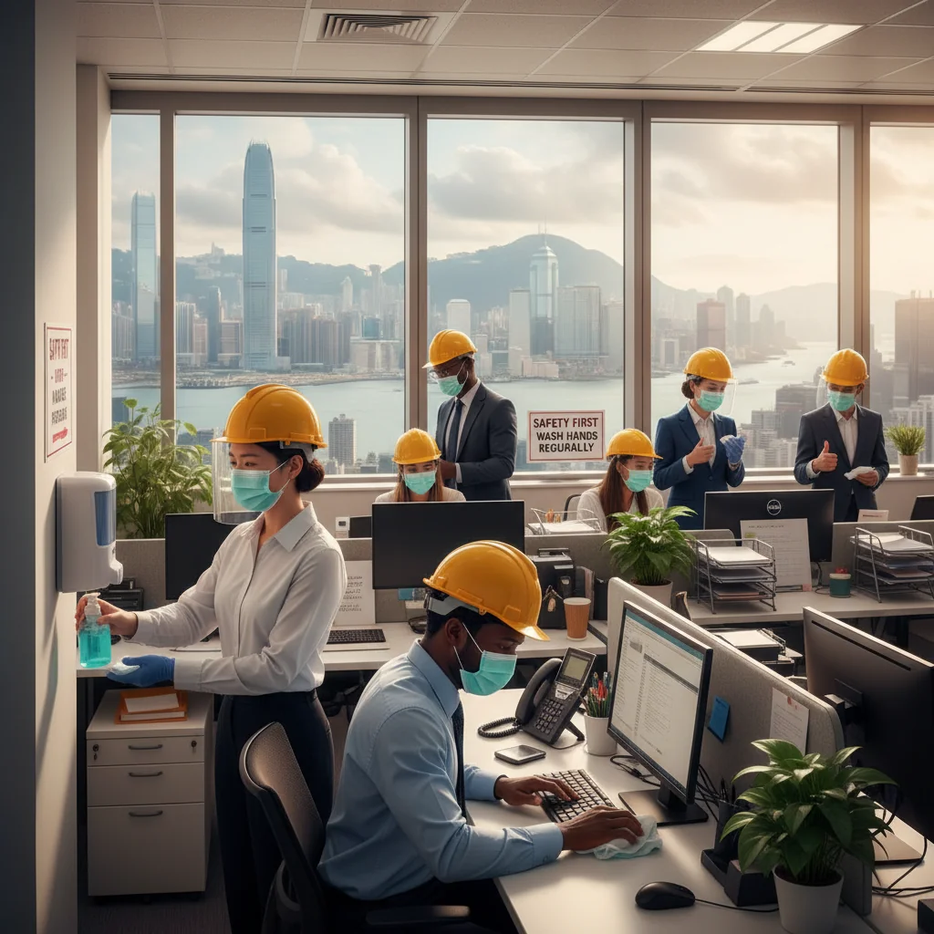 A photorealistic image depicting a diverse group of adults in a modern Hong Kong workplace, such as an office or construction site, engaging in safe work practices like wearing protective gear, following hygiene protocols, and maintaining a healthy environment. The scene should convey safety, health, and professionalism without focusing on any documents.