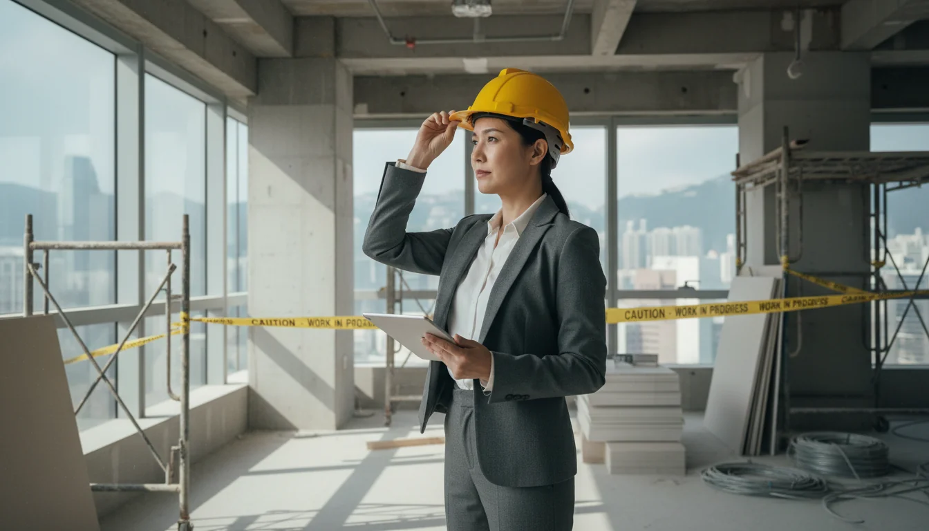 Worker wearing safety helmet in office