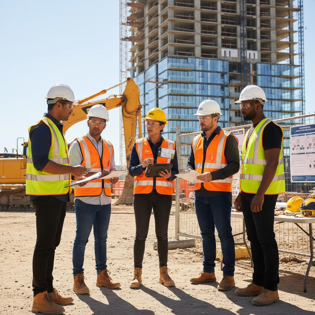 A photorealistic image of a diverse group of adult professionals in a modern Australian workplace, such as a construction site or office, engaged in a safety briefing. They are wearing high-visibility vests and helmets, reviewing safety protocols on a clipboard, symbolizing compliance with Work Health and Safety (WHS) regulations. The scene conveys professionalism, awareness, and legal adherence without focusing on documents. No children are present.