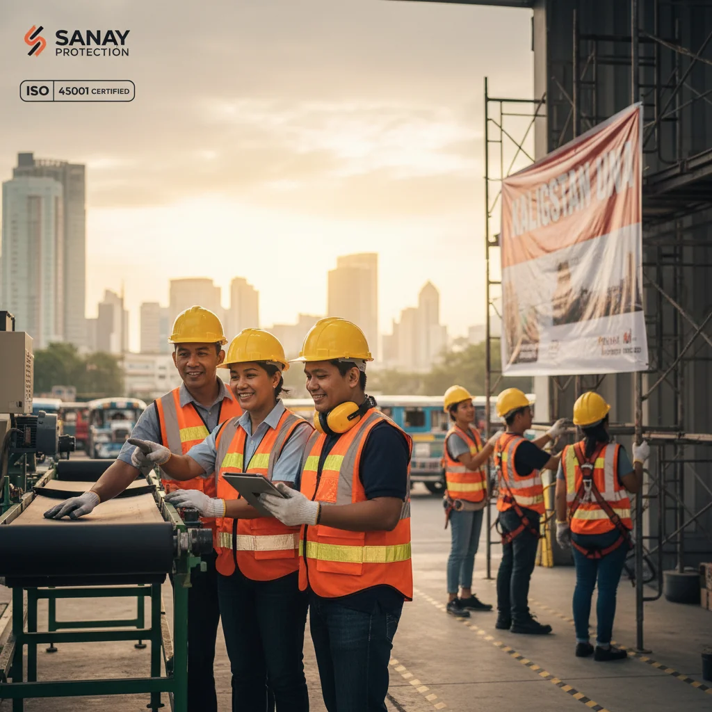 A photorealistic image of a diverse group of adult professionals in a modern Philippine workplace, such as an office or factory, engaged in safe working practices. They are wearing appropriate safety gear like helmets, gloves, and high-visibility vests, collaborating on a project with smiles, symbolizing health and safety compliance. The background includes elements of the Philippine setting, like tropical plants or urban skyline, to evoke a sense of secure and healthy work environment. No children are present.