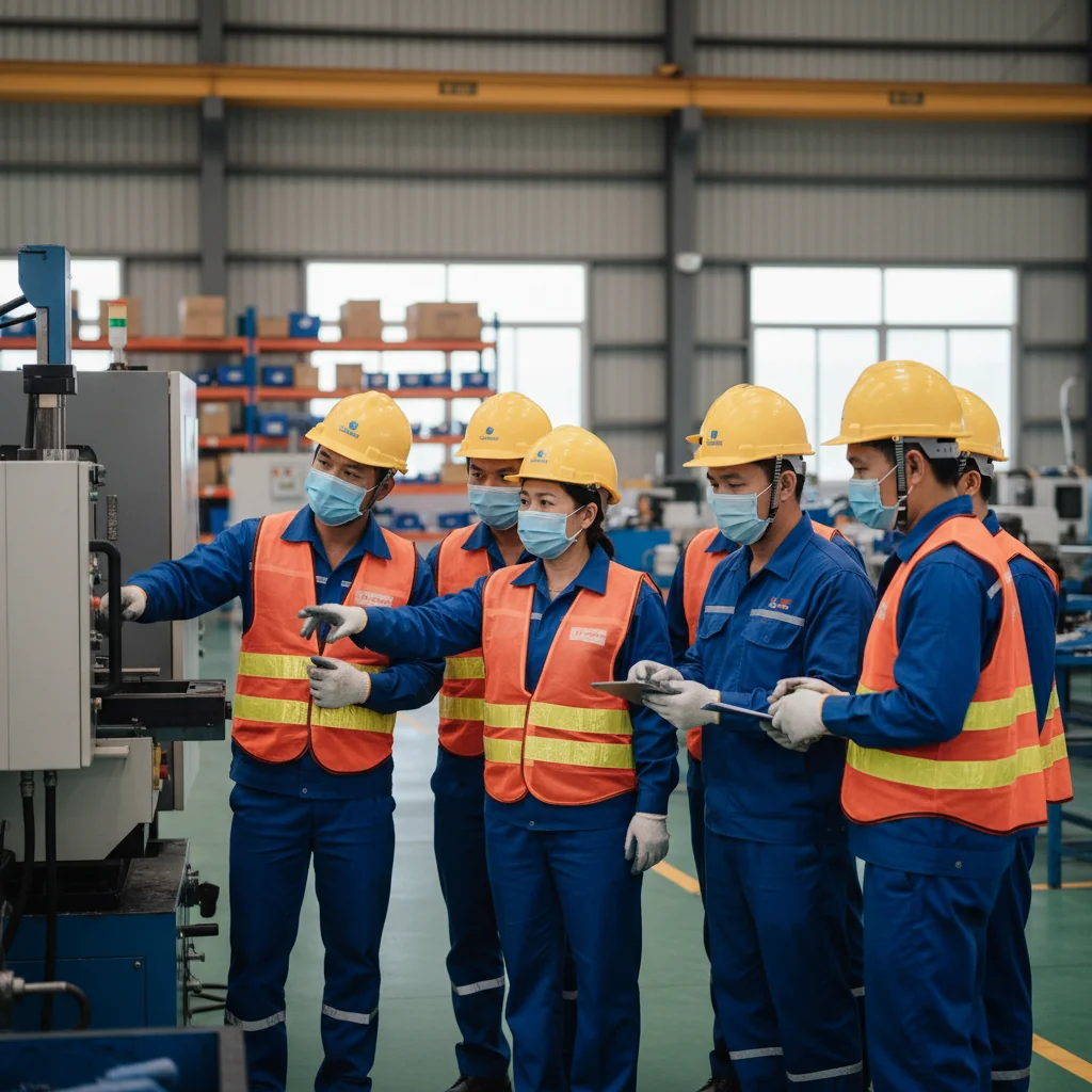 A photorealistic image depicting adult workers in a safe industrial environment in Vietnam, wearing protective gear like helmets, gloves, and vests, engaged in collaborative safety training or inspection, emphasizing workplace safety and hygiene without any corporate documents visible.