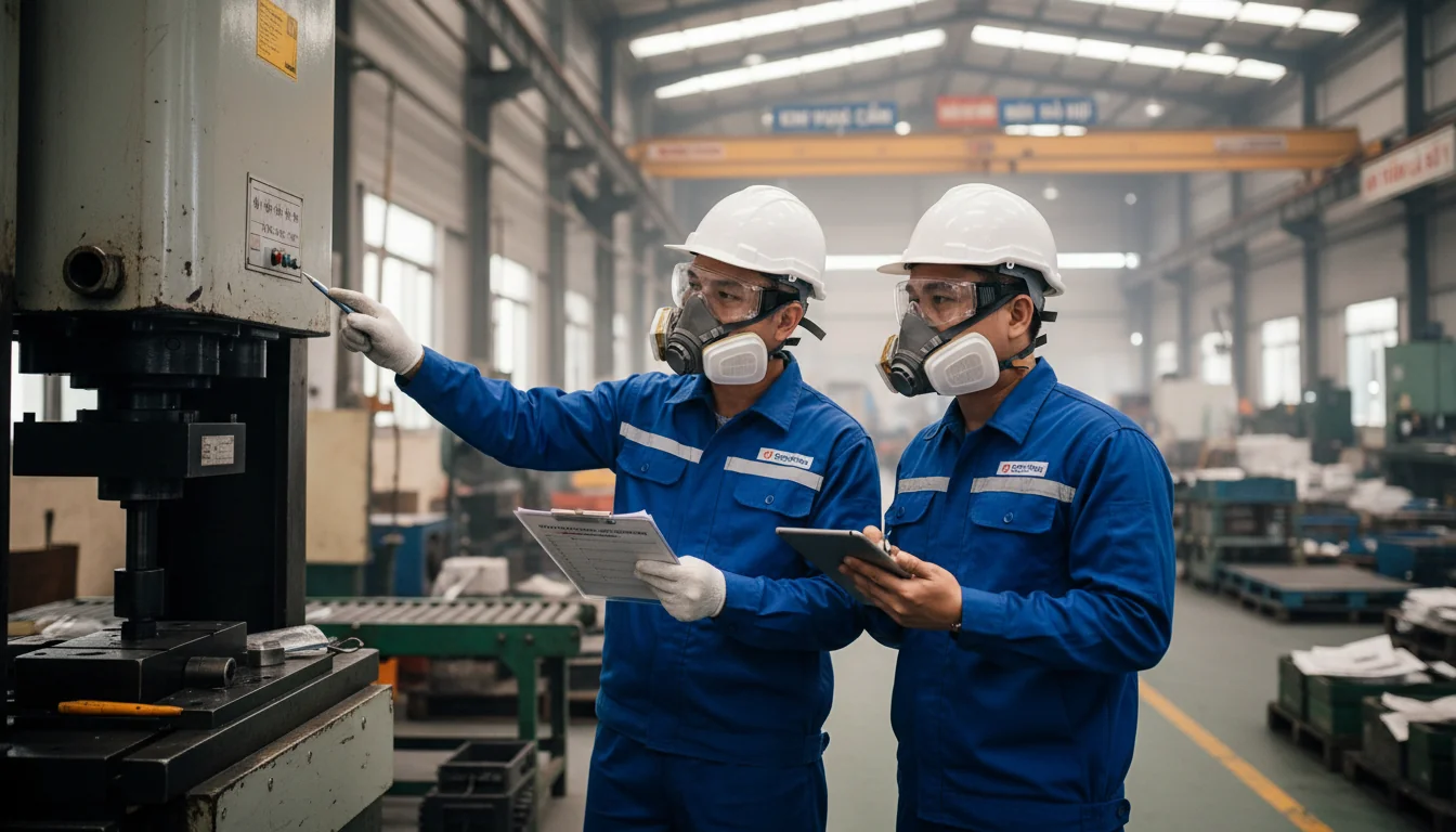 Factory workers in protective gear during inspection