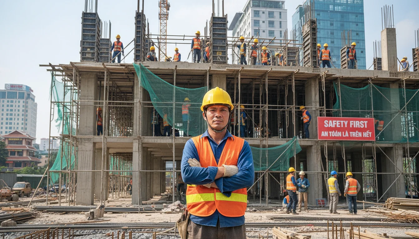Worker wearing safety helmet at construction site