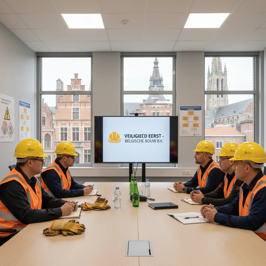 A photorealistic image depicting a diverse group of adult professionals in a modern Belgian workplace, such as an office or factory, engaged in a safety briefing. They are wearing safety gear like helmets and vests, discussing a safety manual without showing the document itself. The scene emphasizes workplace safety and compliance, with Belgian flags or subtle national elements in the background. No children are present.