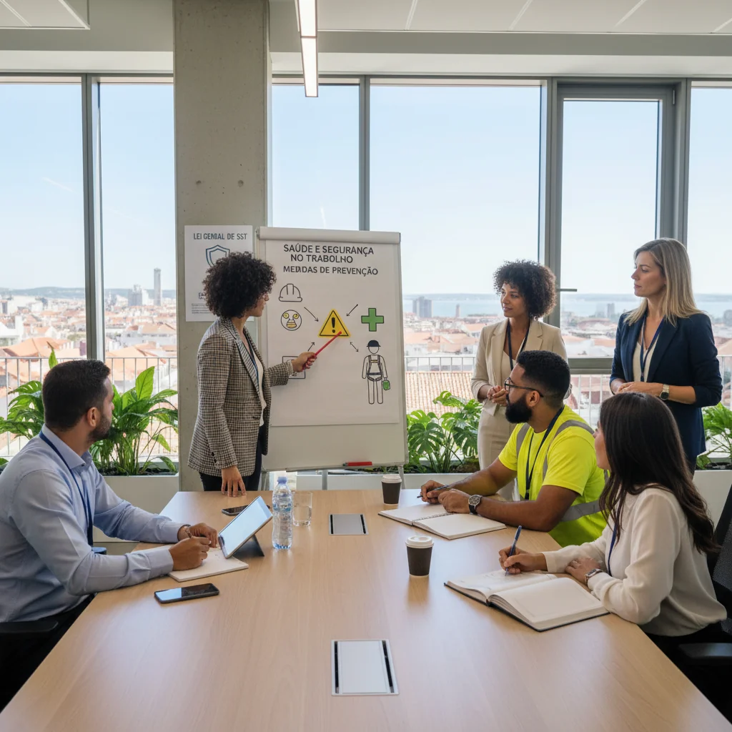 A photorealistic image depicting a professional workplace safety meeting in a Portuguese company, with adult employees reviewing safety protocols on a whiteboard, emphasizing legal obligations for occupational health and safety, no children present.