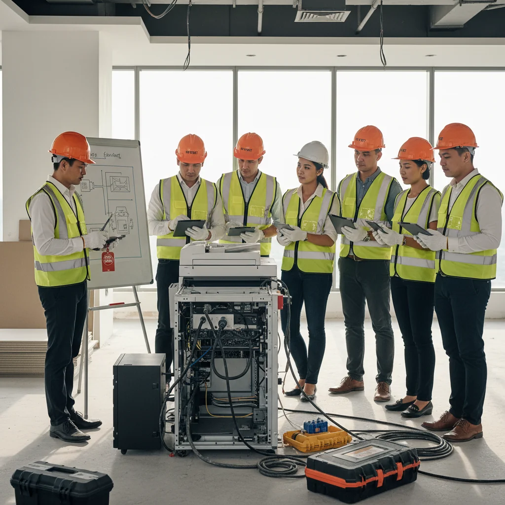A photorealistic image of diverse adult professionals in a modern Philippine workplace, actively engaging in safe work practices such as wearing protective gear, conducting a safety briefing, or inspecting equipment, emphasizing health and safety in an office or industrial setting.
