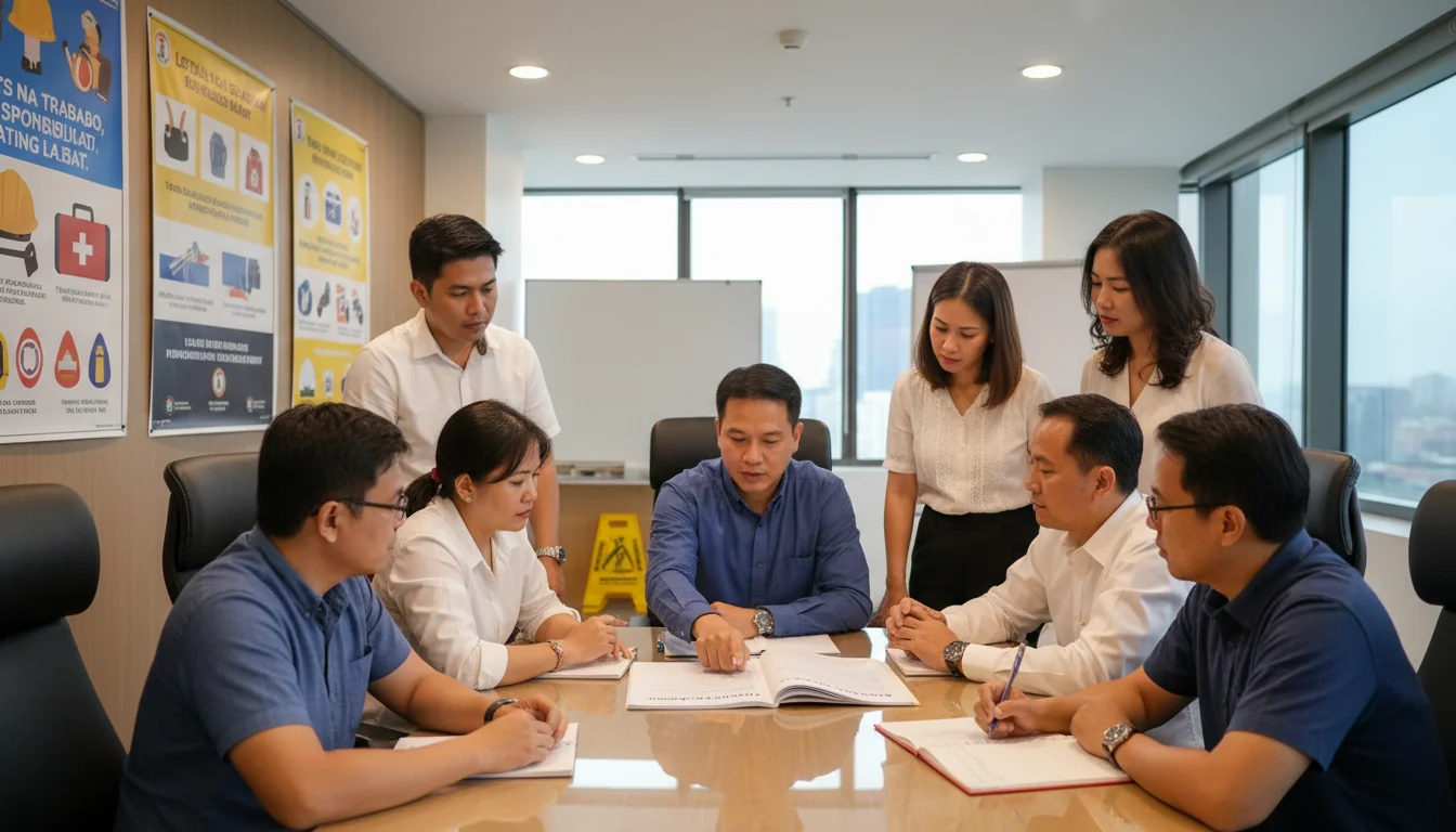 Workers reading safety manual
