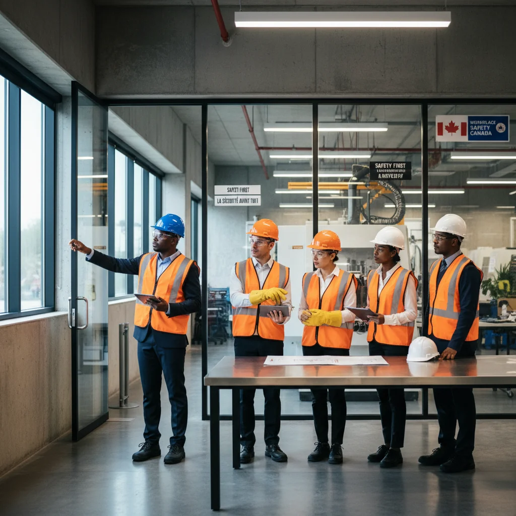 A photorealistic image of a diverse group of adult professionals in a modern Canadian workplace, engaging in safe work practices such as wearing protective gear, conducting a safety inspection, or participating in a health and safety training session, symbolizing the importance of health and safety manuals without focusing on documents.