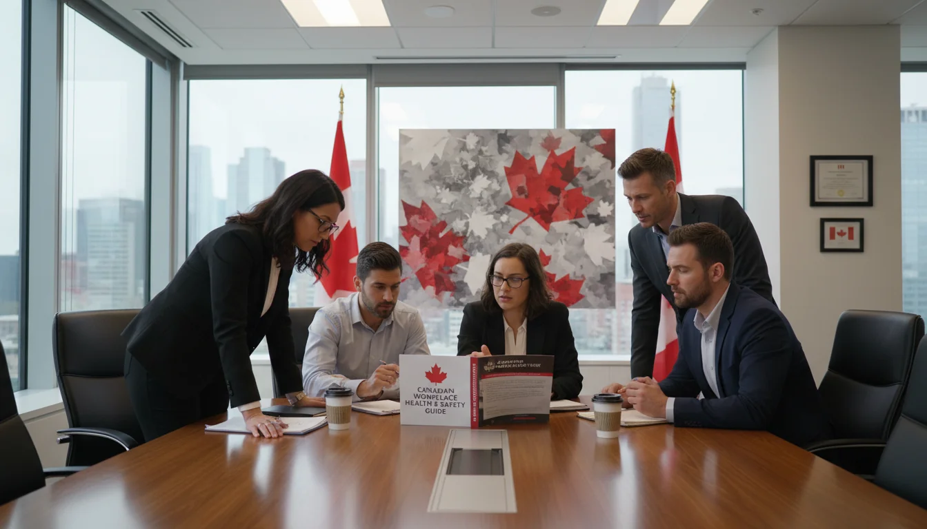 Workers reviewing safety manual.