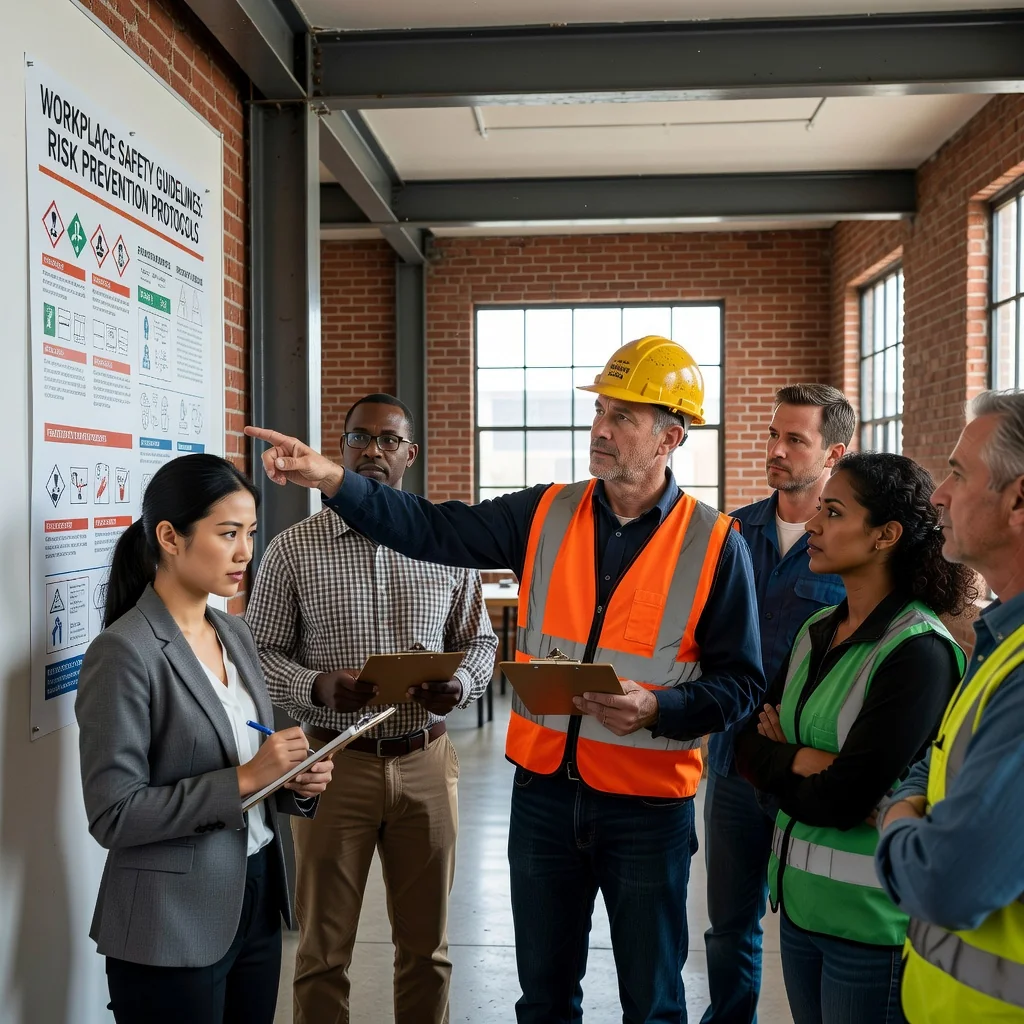 A photorealistic image depicting a diverse group of adult professionals in a modern workplace, actively engaged in a safety training session. One worker is pointing to a safety poster on the wall, while others take notes, wearing appropriate protective gear like helmets and vests, emphasizing prevention of workplace risks without any corporate documents visible.