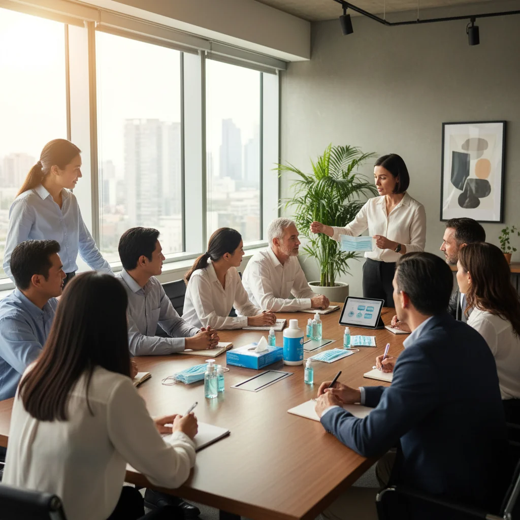 A photorealistic image depicting a diverse group of adult professionals in a modern office environment, engaged in a health and safety training session. They are attentively listening to a trainer pointing to a safety poster on the wall, with elements like hand sanitizers and protective gear subtly visible, emphasizing workplace health protection. No children are present in the image.