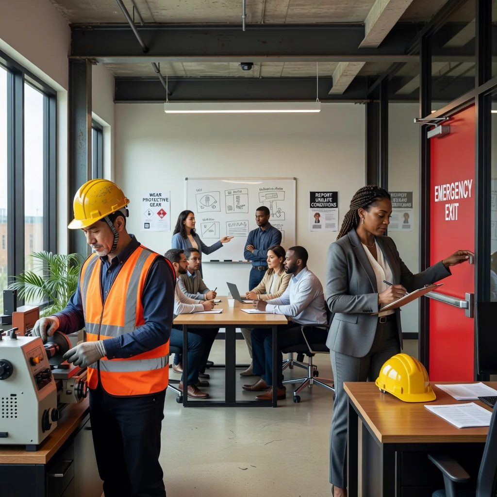 A photorealistic hero image representing the essential components of a US health and safety manual, showing diverse adult professionals in a modern workplace engaged in safe practices: one wearing protective gear while handling equipment, another conducting a safety inspection, and a third in a team huddle reviewing protocols, all in a bright, professional office environment with safety signage visible in the background, conveying professionalism, safety, and compliance without focusing on any documents.