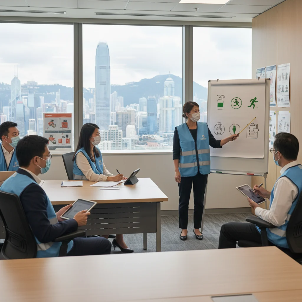 A photorealistic image depicting a diverse group of adults in a professional Hong Kong office environment, engaging in a health and safety training session. They are reviewing safety protocols on a whiteboard, wearing protective gear like masks and vests, with modern city skyline visible through windows, symbolizing compliance and well-being in the workplace. No children are present.