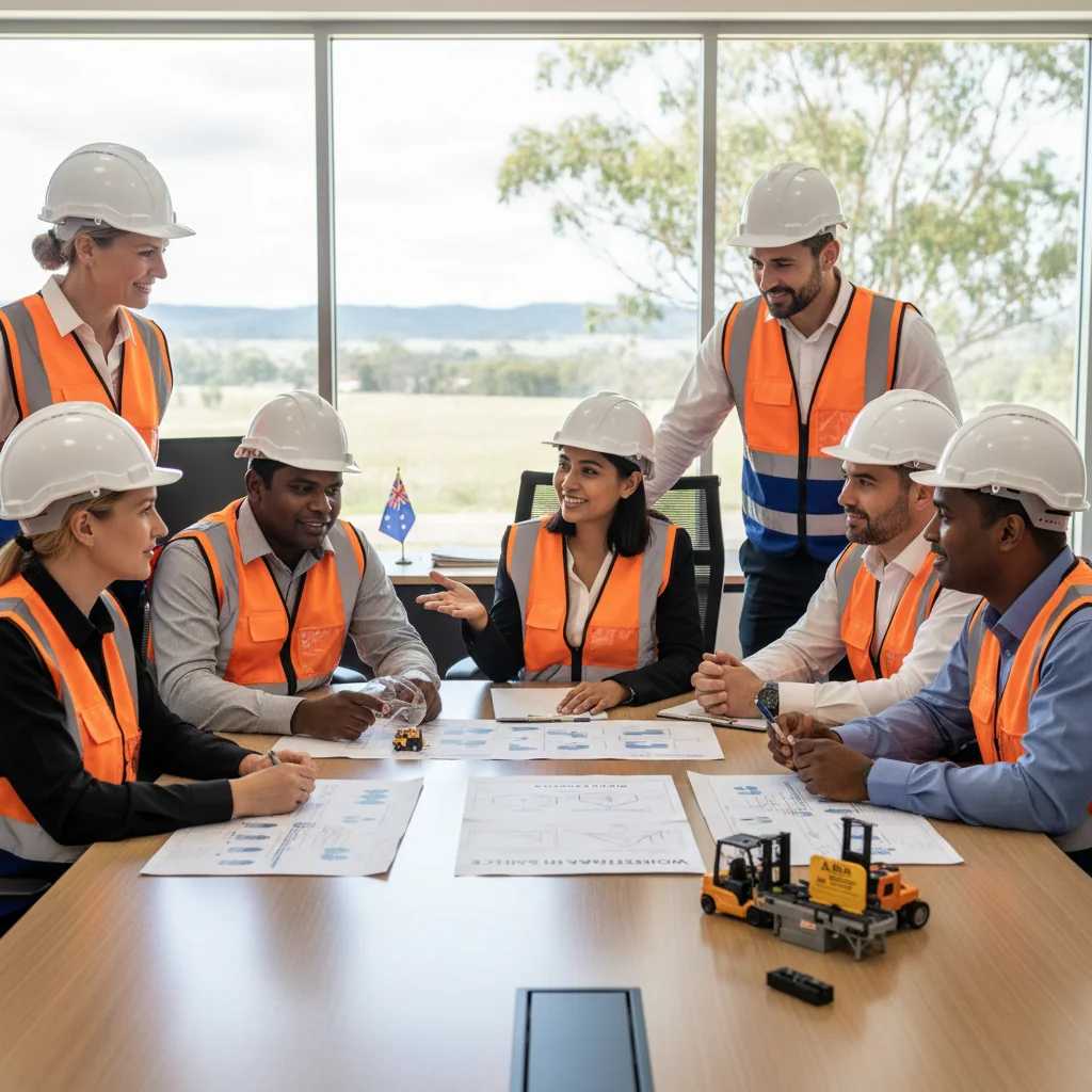 A photorealistic image of a diverse group of adult professionals in an Australian workplace setting, such as a modern office or industrial site, engaged in a collaborative safety meeting. They are reviewing safety protocols on a whiteboard, wearing appropriate work attire like high-visibility vests, emphasizing workplace health and safety. The scene conveys professionalism, teamwork, and a safe working environment, with Australian elements like eucalyptus trees visible through a window. No children are present.