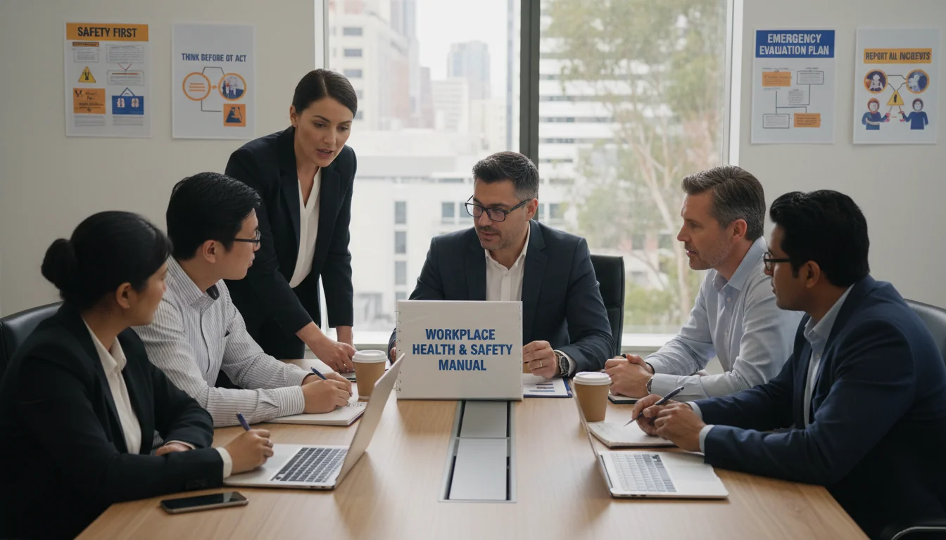 Business team reviewing WHS manual.