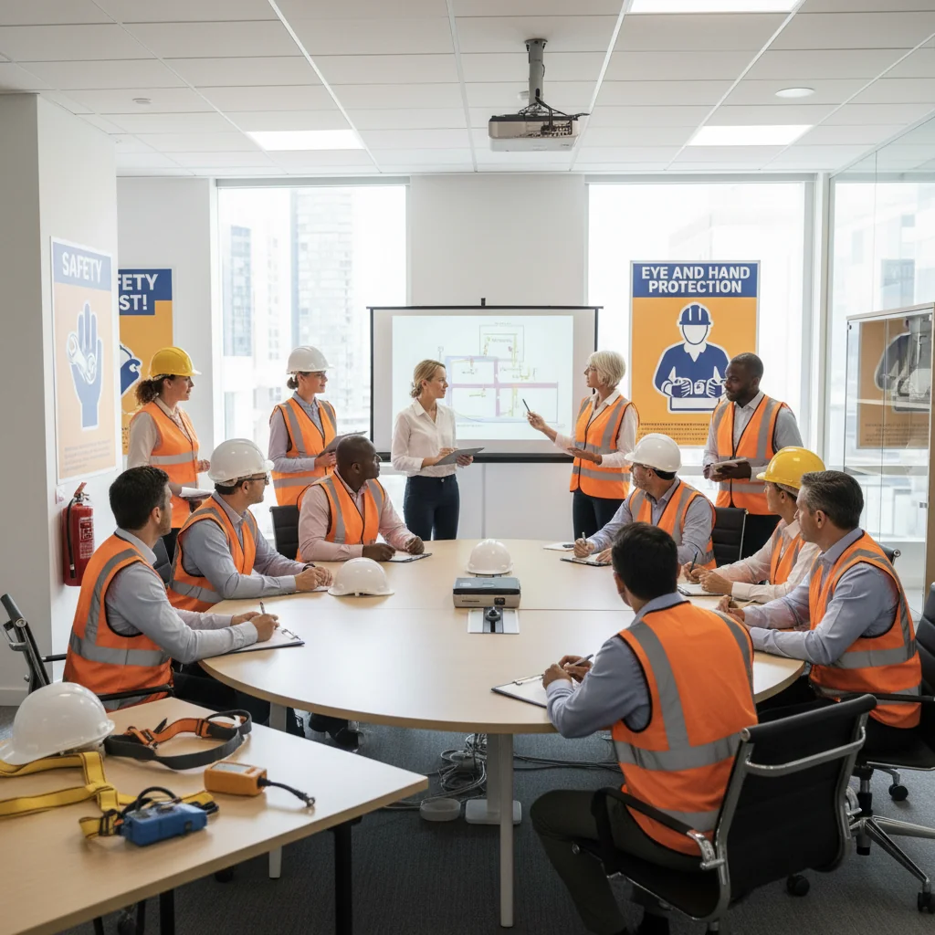 A photorealistic image of a diverse group of adult professionals in a modern office environment, engaged in a health and safety training session. They are wearing safety helmets and vests, reviewing safety protocols on a whiteboard, emphasizing workplace well-being and prevention of accidents. No children are present in the scene.