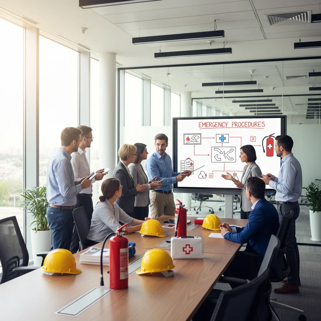 A photorealistic image of a diverse group of adult professionals in a modern office setting, engaged in a safety training session. They are reviewing safety protocols on a whiteboard, with protective gear like helmets and vests visible nearby, emphasizing workplace safety and preparedness without focusing on documents.