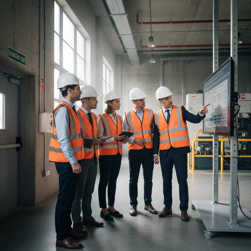 A photorealistic image of a diverse team of adult professionals in a modern UK workplace, such as an office or factory setting, actively reviewing health and safety protocols on a digital screen or through a group discussion, emphasizing safety equipment like helmets and signage in the background, conveying implementation and updating of safety measures.