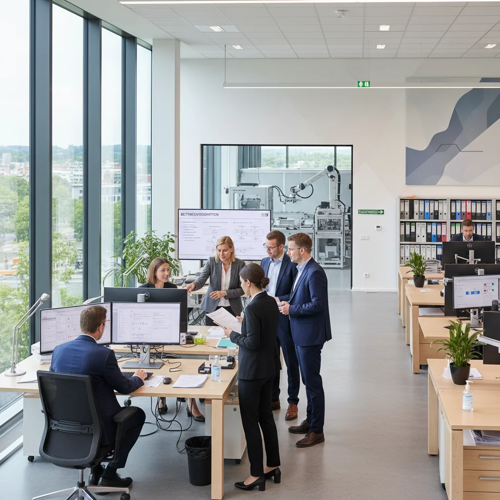 A photorealistic image of a professional workplace environment in Germany, showing a diverse group of adult employees in an office setting, engaged in collaborative work, symbolizing safety, compliance, and operational procedures without focusing on documents. The scene includes modern office furniture, computers, and subtle German elements like a flag or architecture in the background, evoking reliability and regulation adherence.