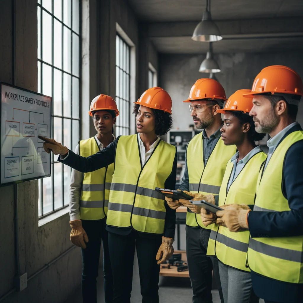 A photorealistic image depicting a diverse group of adult professionals in a modern workplace setting, engaged in safe work practices such as wearing protective gear, using safety equipment, and collaborating on a safety checklist, symbolizing workplace safety and security training.