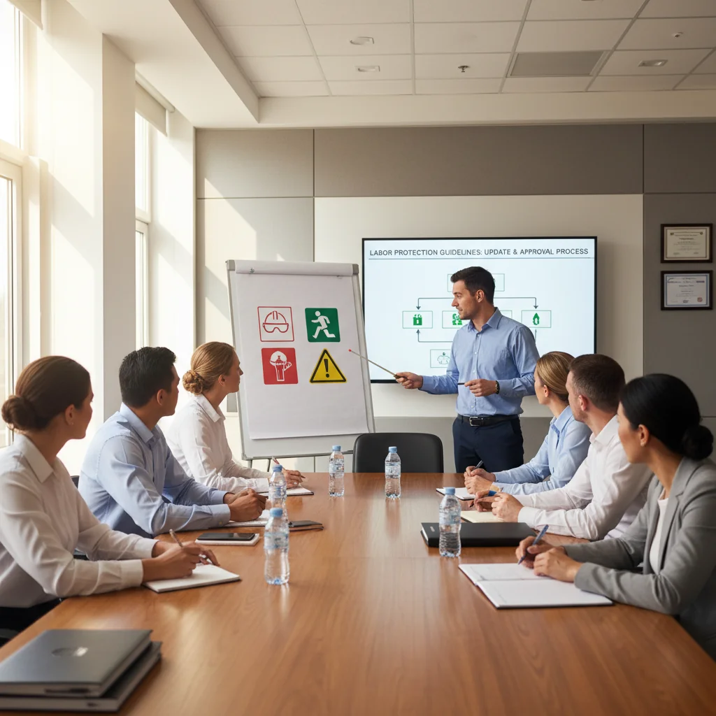 A photorealistic image of a diverse group of adult professionals in a modern office setting, engaged in a safety training session. They are attentively listening to an instructor who is pointing to a whiteboard with safety icons like hard hats and warning signs, symbolizing the update and approval of occupational health and safety instructions. The atmosphere is professional and focused, emphasizing workplace safety and compliance. No children are present in the image.