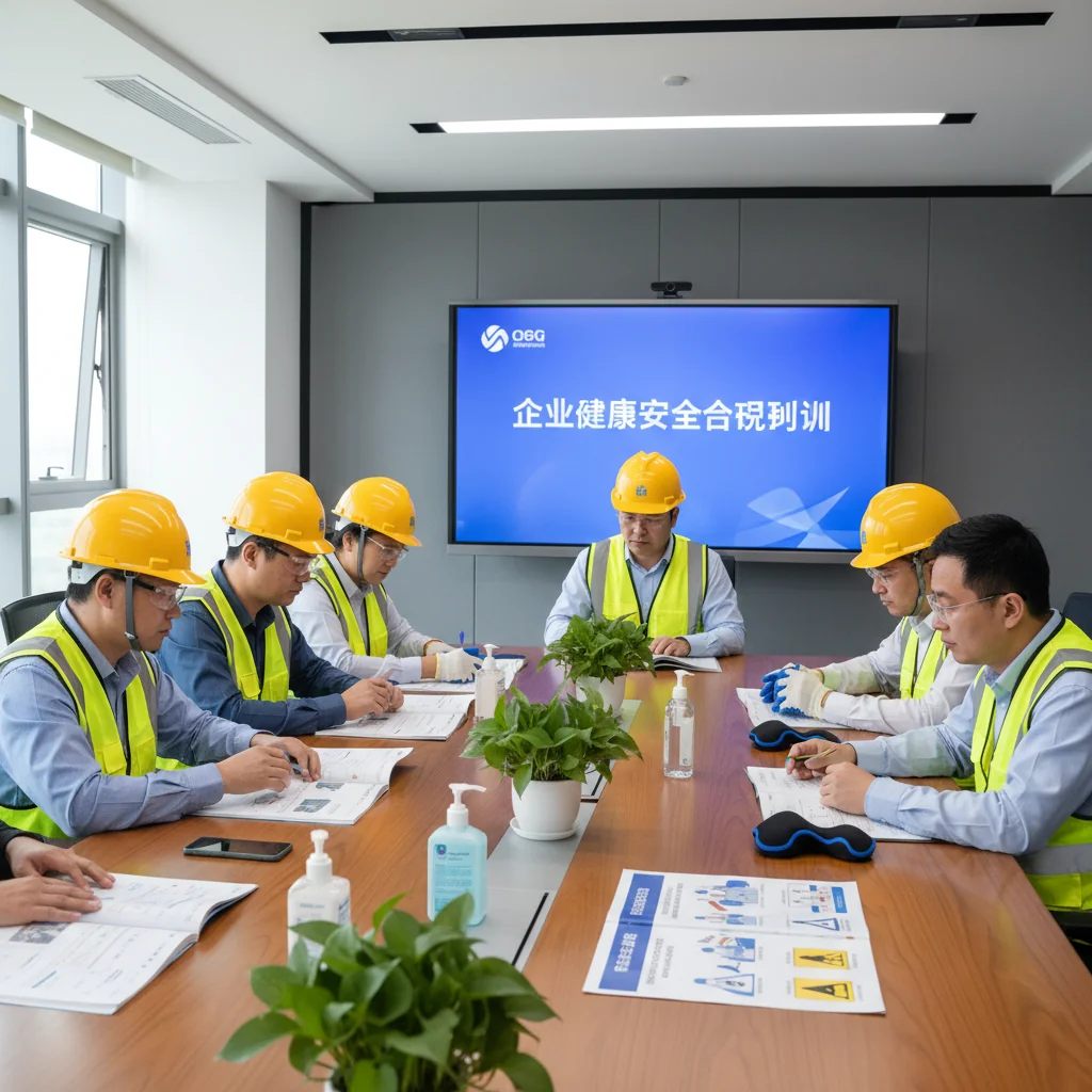 A photorealistic image of a diverse group of adult professionals in a modern Chinese office setting, engaged in a health and safety training session. They are wearing safety helmets and vests, discussing compliance guidelines around a conference table with charts on workplace safety and health protocols, emphasizing corporate responsibility and well-being. No children are present.