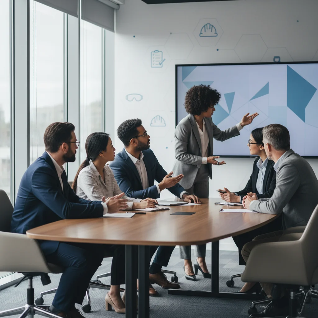 A photorealistic image depicting a professional workplace scene where an employer and employee are engaged in a serious discussion about risk assessment, symbolizing safety and compliance in the work environment. The setting is a modern office with safety equipment visible in the background, emphasizing evaluation and risk management without focusing on any documents.