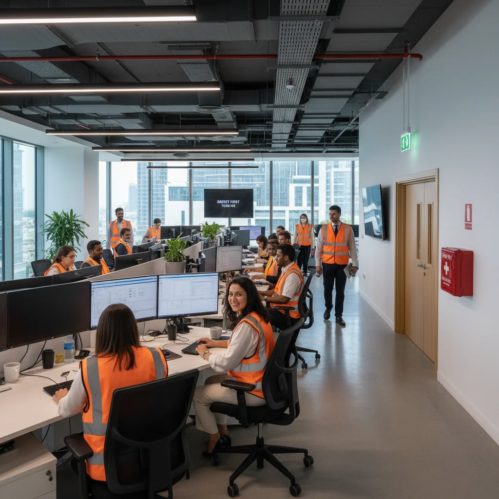 A photorealistic image depicting a diverse group of adult professionals in a modern UAE workplace, engaging in safe work practices such as wearing helmets and safety gear, with elements like ergonomic setups and hazard-free environment, symbolizing health and safety importance. No children are present.