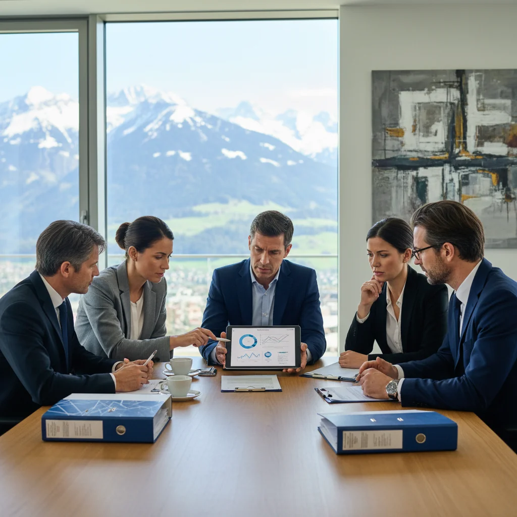 A photorealistic image depicting a professional business meeting in a modern Swiss office, with adults discussing legal compliance documents around a conference table, symbolizing the importance of operational instructions in a workplace setting. The atmosphere is serious and collaborative, with Swiss flags or alpine elements in the background to evoke Switzerland, ensuring no children are present.