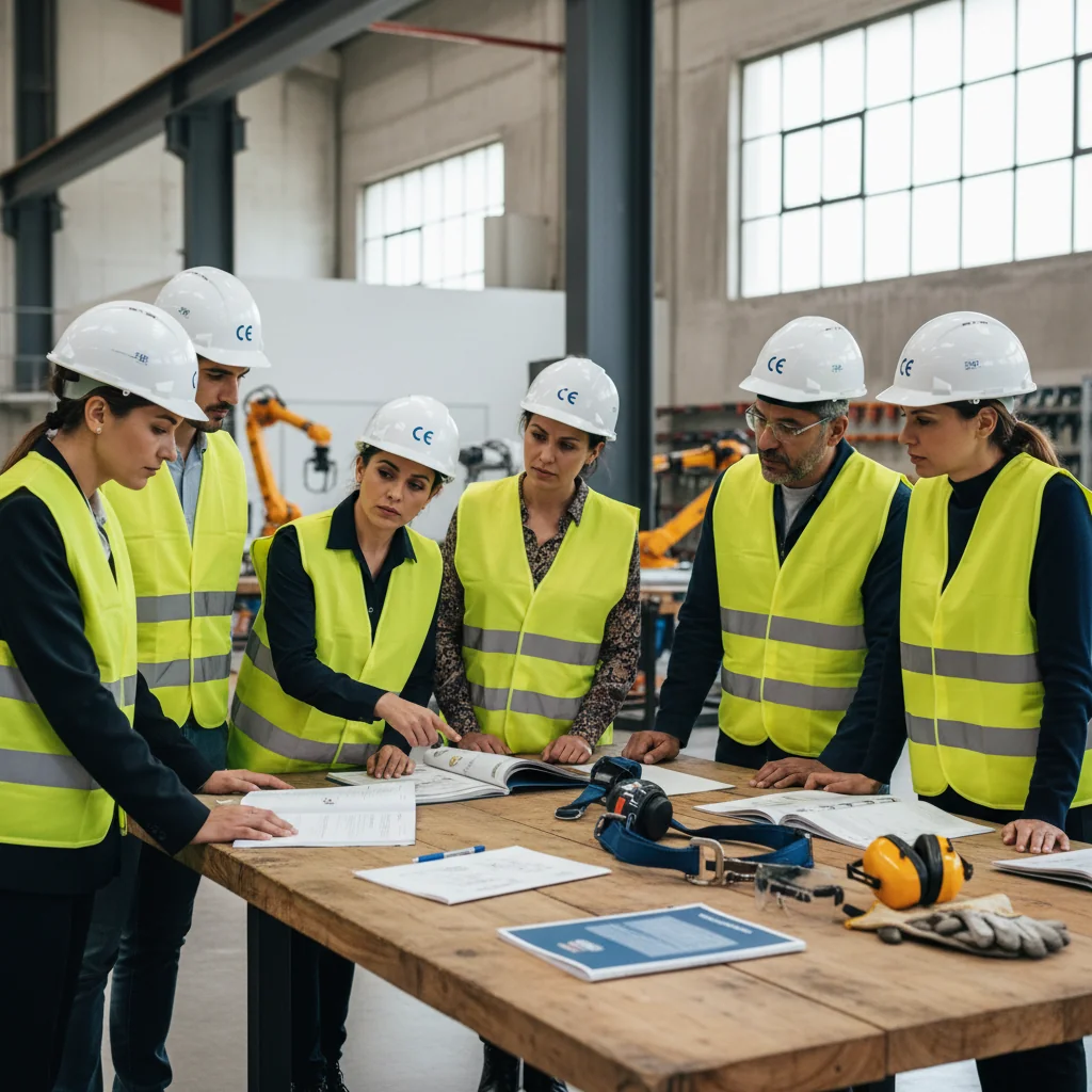 A photorealistic image of a diverse group of adult professionals in a modern industrial workplace, wearing safety helmets and high-visibility vests, engaged in a safety briefing around a table with safety manuals and equipment, emphasizing workplace safety and compliance with Italian norms, no children present.