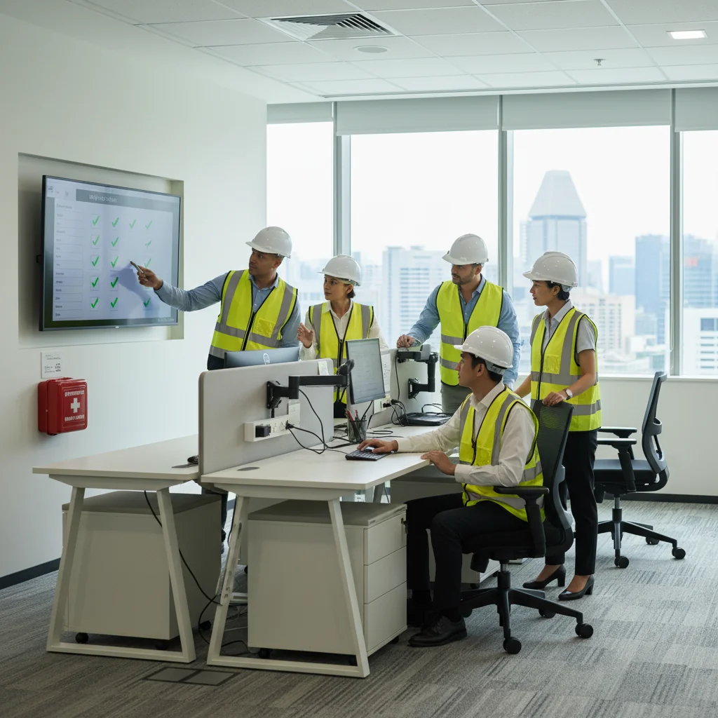 A photorealistic image depicting a diverse group of adult professionals in a modern Singaporean workplace, engaging in safe work practices such as wearing protective gear, conducting a safety briefing, or using equipment properly, to symbolize workplace safety and health.
