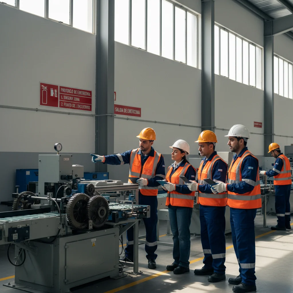 A photorealistic image depicting a diverse group of adult professionals in an Argentine industrial workplace, engaged in safe occupational practices such as wearing protective gear, conducting a safety inspection, and collaborating on hazard prevention, evoking compliance with occupational safety regulations.
