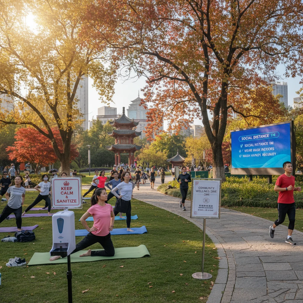 A photorealistic hero image representing health and safety in China, featuring a diverse group of adults in a modern urban setting, engaging in safe daily activities such as wearing masks in a park, exercising outdoors, and following hygiene practices, evoking a sense of well-being and protection without focusing on documents.