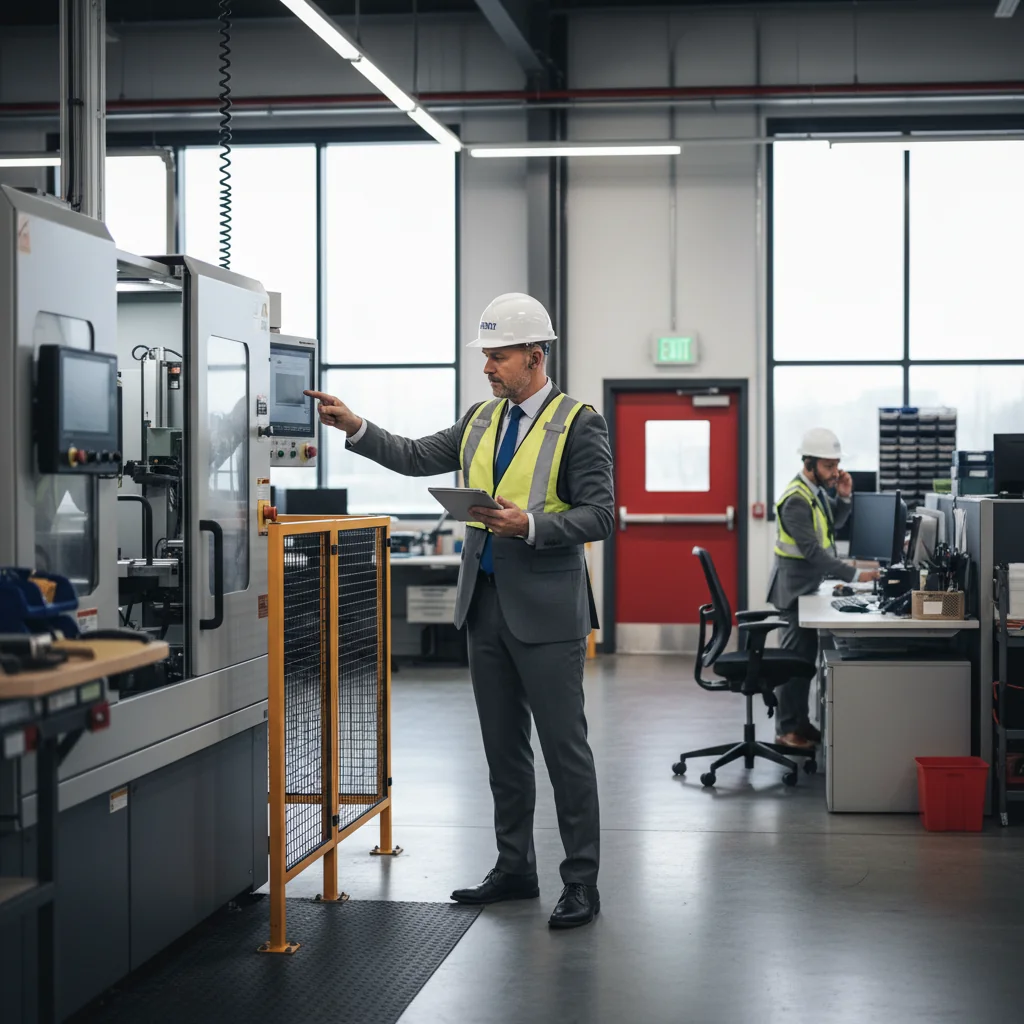 A photorealistic image of a professional safety manager in a modern office environment, conducting a risk assessment by carefully examining a workplace setup, such as checking electrical equipment and ensuring safety protocols are in place, symbolizing effective risk evaluation without focusing on any documents.