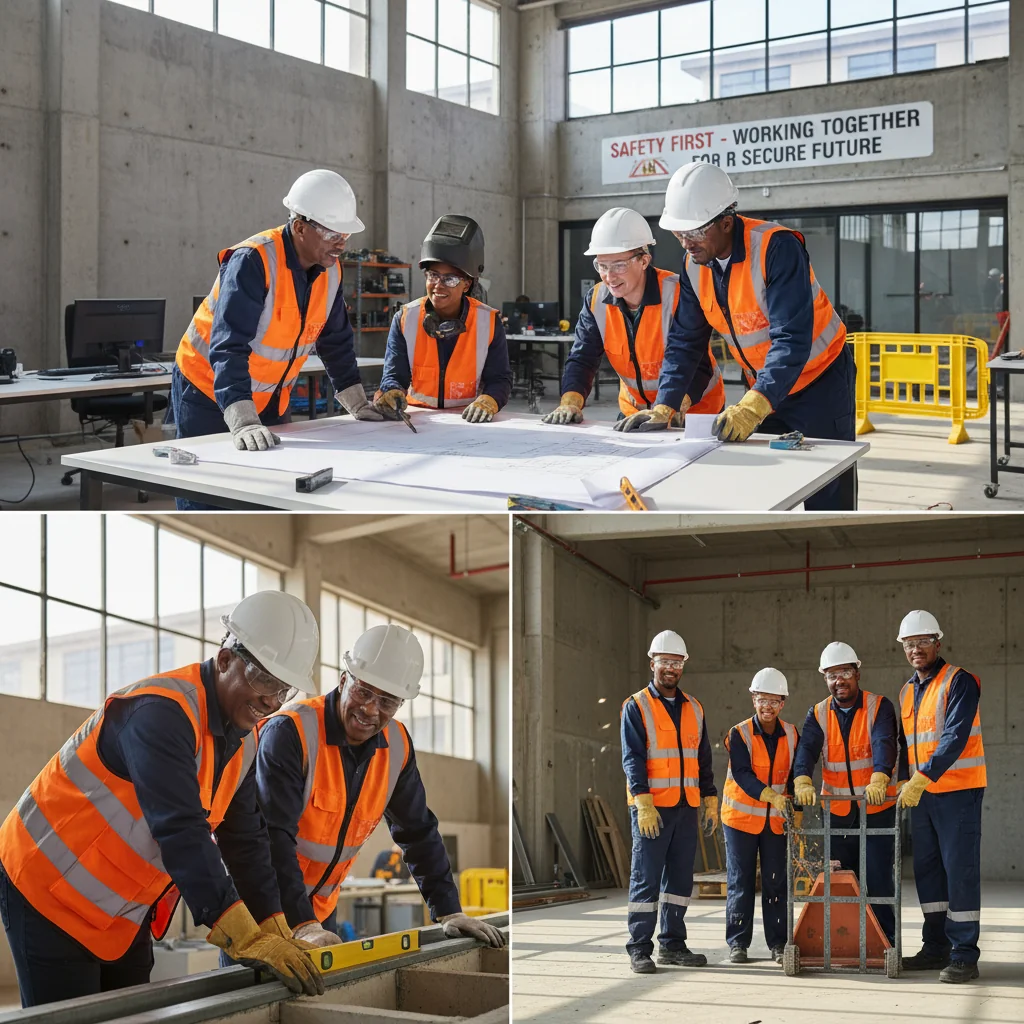 A photorealistic image depicting a diverse group of adult professionals in a South African workplace setting, such as a construction site or office, engaged in safe working practices: wearing helmets, using safety equipment, and collaborating safely, symbolizing occupational health and safety.