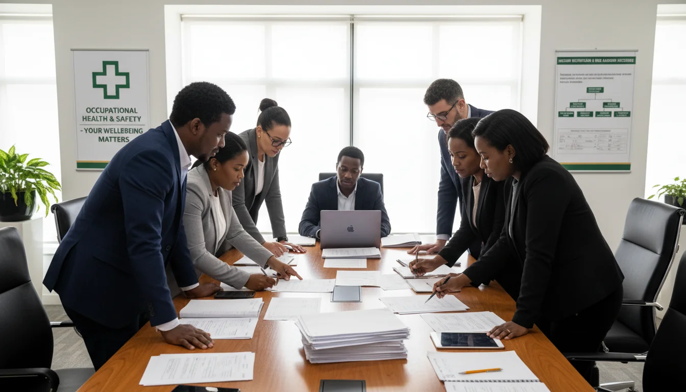 Office workers reviewing safety documents