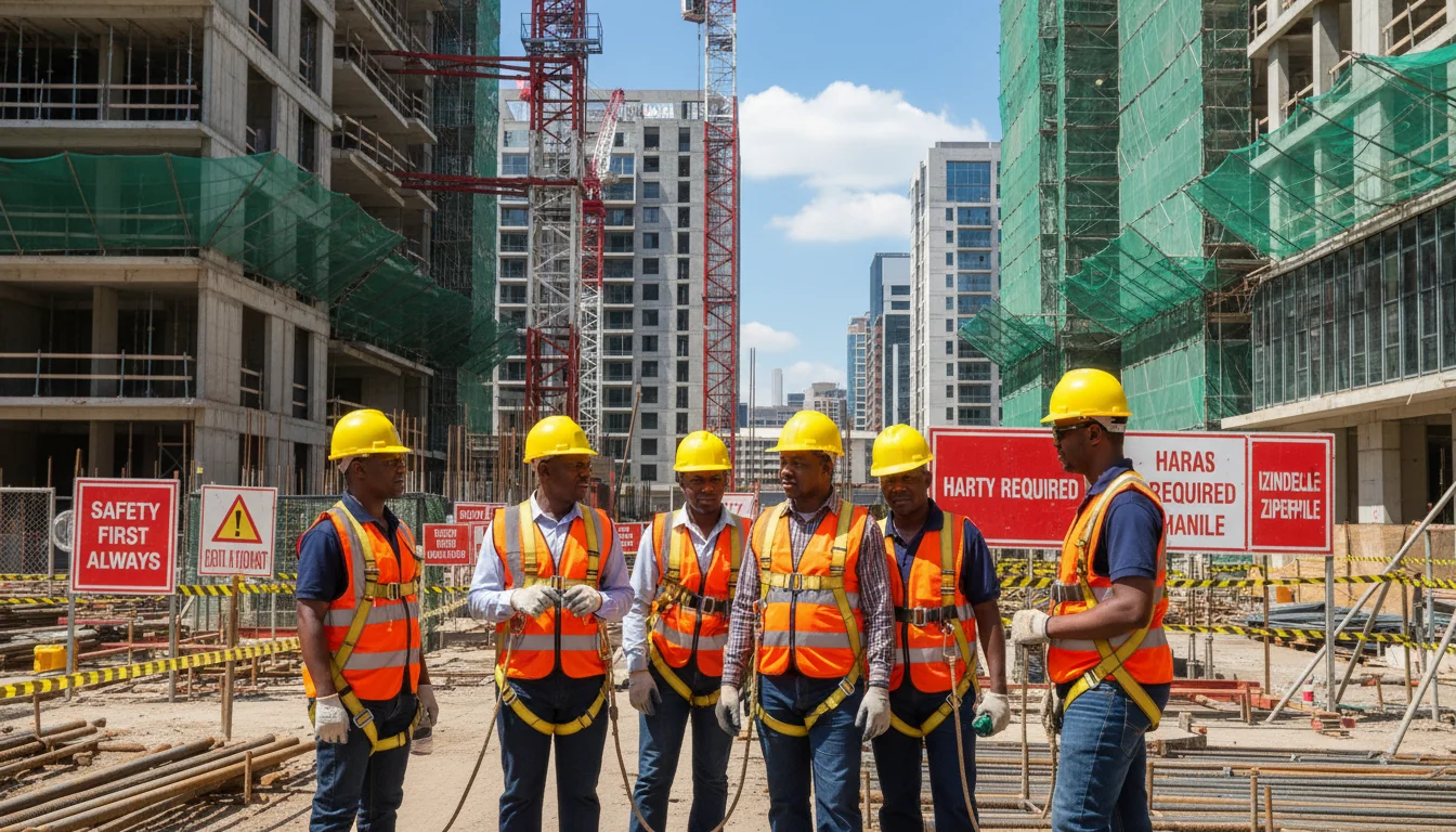 Workers in safety gear on construction site