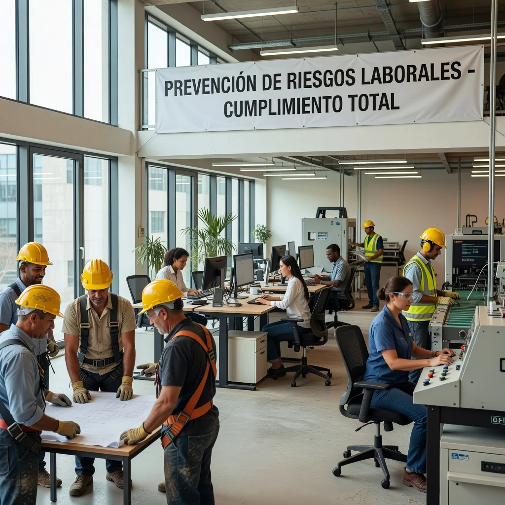 A photorealistic hero image depicting diverse adult workers in a safe Spanish workplace environment, emphasizing prevention of occupational risks. Show professionals in various industries like construction, office, and manufacturing, wearing proper safety gear such as helmets, gloves, and high-visibility vests, collaborating safely without any hazards visible. The scene should convey professionalism, safety awareness, and compliance with labor regulations in Spain, with subtle Spanish elements like a flag or architecture in the background. No children or minors are present in the image.